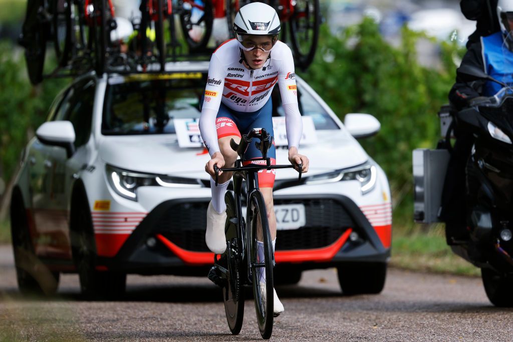 REMICH LUXEMBOURG SEPTEMBER 16 Mattias Skjelmose Jensen of Denmark and Team Trek Segafredo sprints during the 82nd Skoda Tour Luxembourg 2022 Stage 4 a 261km individual time trial stage from Remich to Remich on September 16 2022 in Remich Luxembourg Photo by Bas CzerwinskiGetty Images