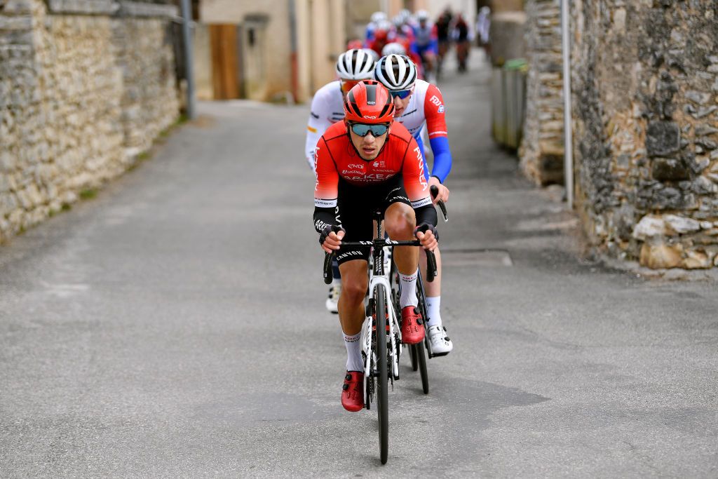 MONTAGNE FRANCE FEBRUARY 13 Miguel Eduardo Florez Lopez of Colombia and Team Arka Samsic leads the peloton during the 6th Tour de La Provence 2022 Stage 3 a 1806km stage from Manosque to Montagne de Lure 1567m TDLP22 on February 13 2022 in Montagne France Photo by Luc ClaessenGetty Images