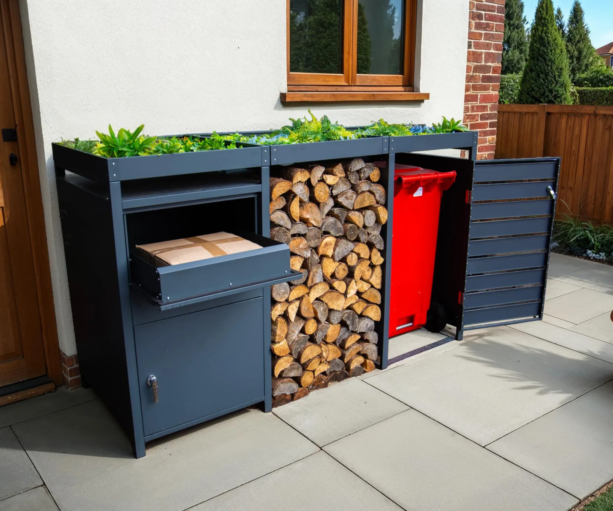 grey steel store for parcels, logs and wheelie bin with planted containers on top