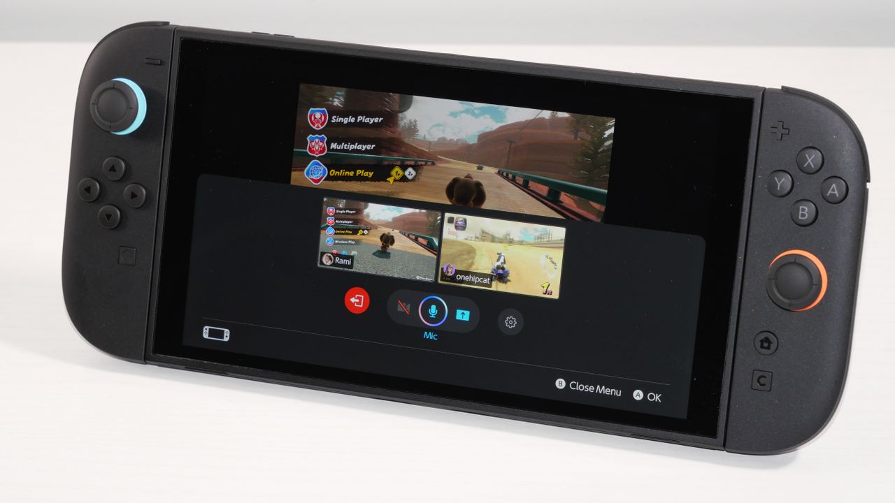 Nintendo Switch 2 laying on a white desk, highlighting GameChat Settings.