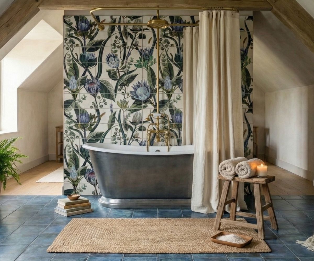 Pewter roll-top bath against protea-patterned tiles in attic bathroom, brass shower, linen curtain and blue floor tiles