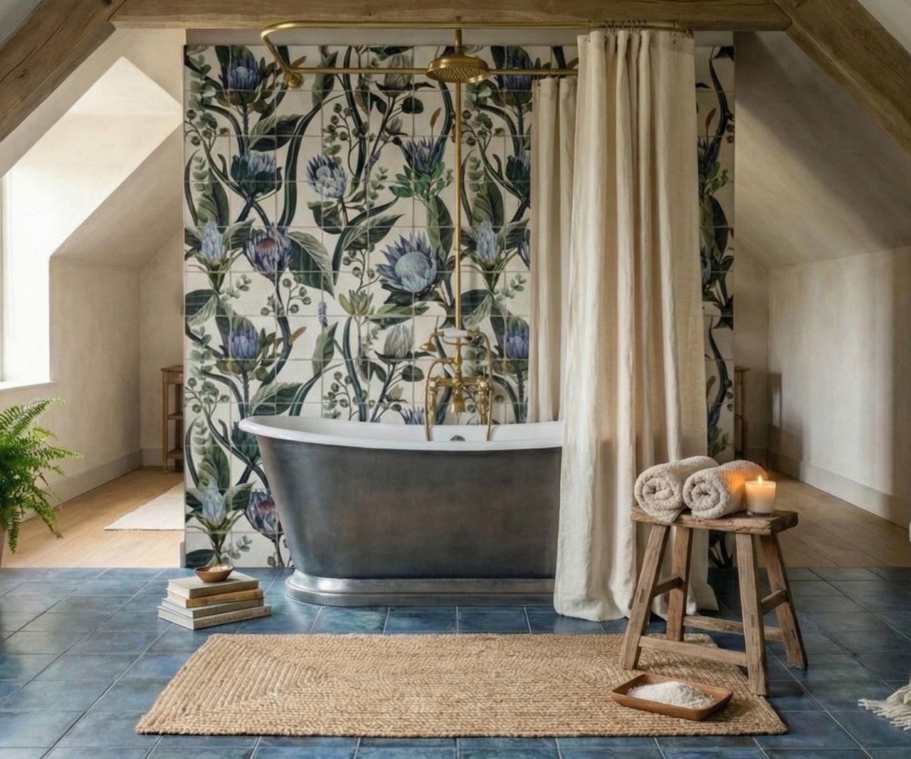 Pewter roll-top bath against protea-patterned tiles in attic bathroom, brass shower, linen curtain and blue floor tiles