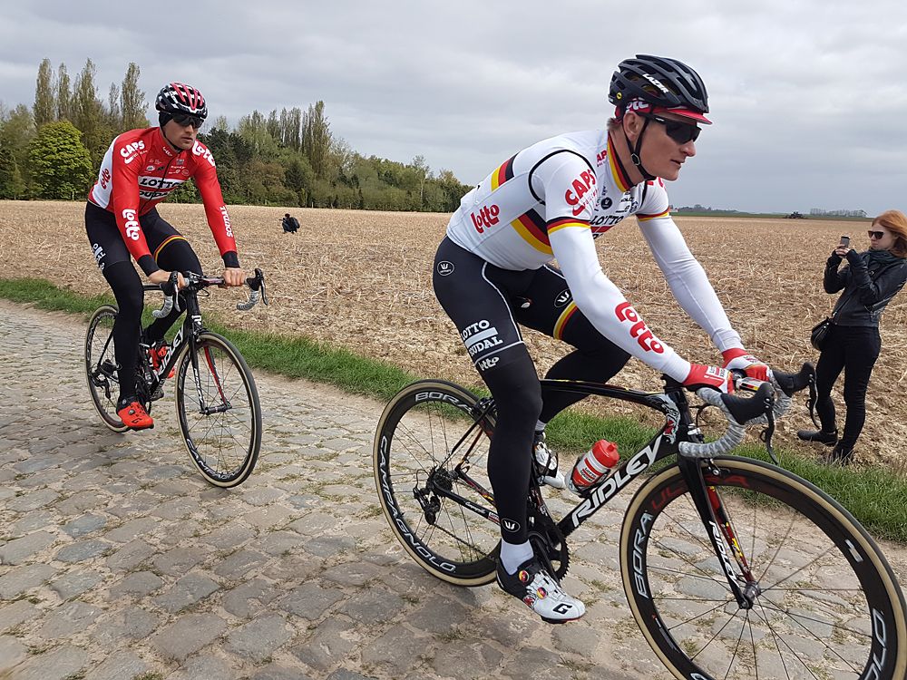 Andre Greipel checks out the Paris-Roubaix cobbles