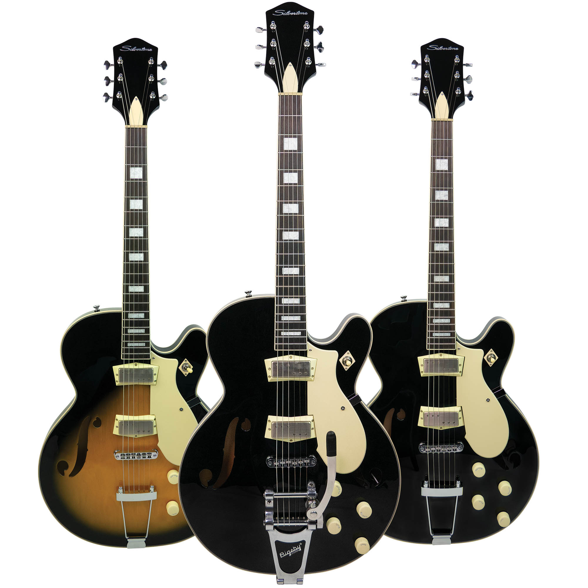 A black and white photo of Chris Isaak playing his Silvertone 1446 in 1987. On the right, a cutout of the recently reissued guitar in black and sunburst finishes, with the black version offered with a Bigsby B70 vibrato.