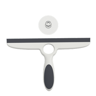 A white plastic squeegee with a black rubber handle grip and rubber 'blade'. A clear circular sticky cup above for wall mounting