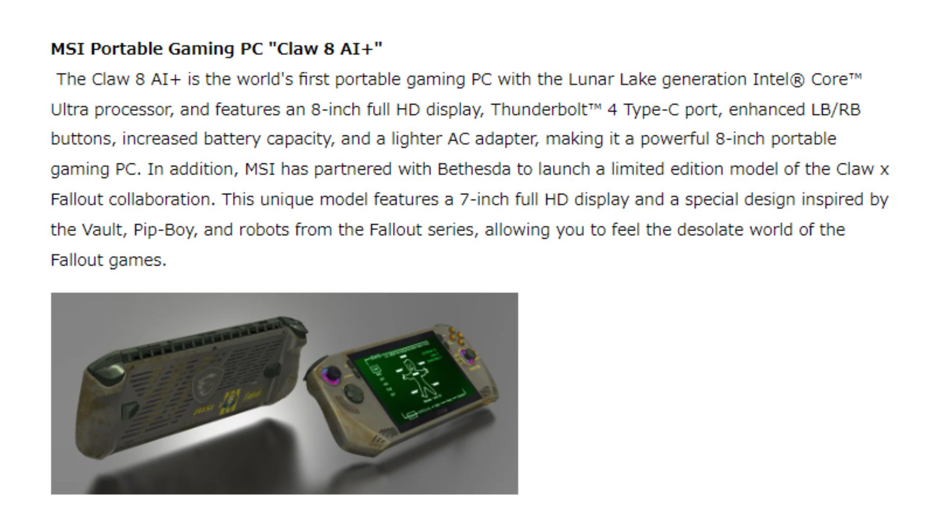 MSI Claw 8 AI+ front and back photo with specs description in back text above