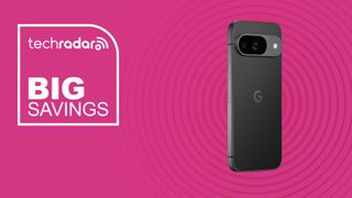 The Google Pixel 9 on a pink background with text saying Big Savings next to it.