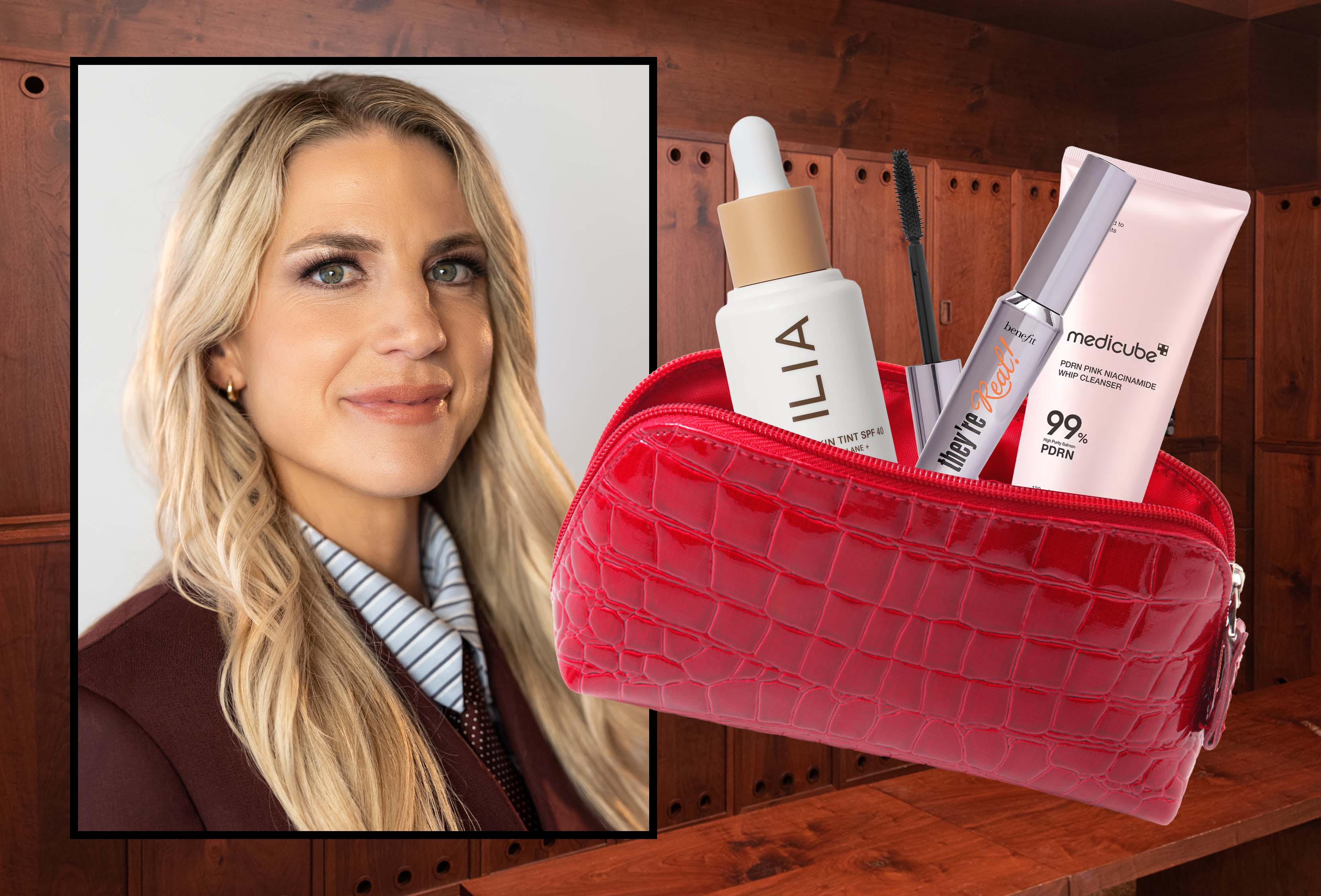 athlete Julie Ertz framed on top of a background featuring school locker rooms, next to a red makeup bag filled with beauty products