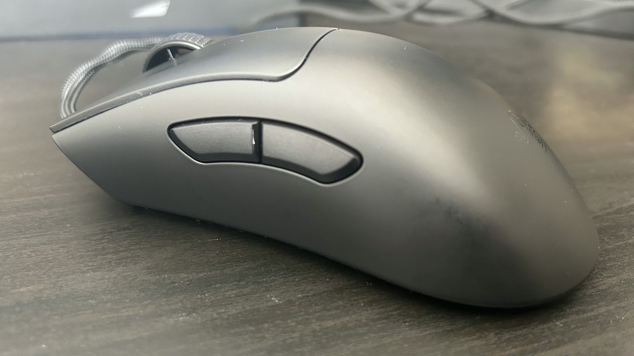 Razer DeathAdder V3 from the side to show two programmable thumb buttons