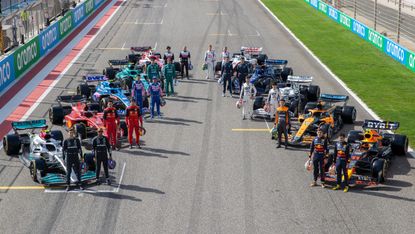 The F1 drivers pose on the grid at pre-season testing in Bahrain 