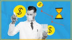 scientist holding test tubes with illustration of money symbols and a sand timer on a blue background