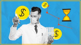scientist holding test tubes with illustration of money symbols and a sand timer on a blue background