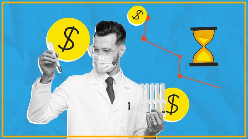 scientist holding test tubes with illustration of money symbols and a sand timer on a blue background