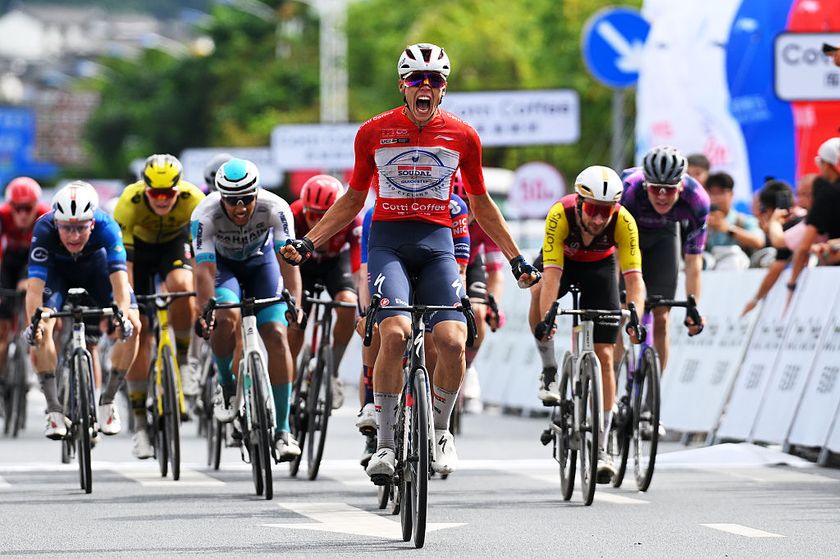 JINGXI, CHINA - OCTOBER 15: Paul Magnier of France and Team Soudal Quick-Step - Red Leader Jersey celebrates at finish line as stage winner during the 6th Gree-Tour Of Guangxi 2025, Stage 2 a 178.9km stage from Chongzuo to Jingxi 741m on October 15, 2025 in Jingxi, China. (Photo by Tim de Waele/Getty Images)
