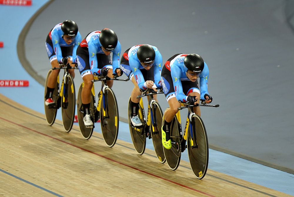 Canada in action during the Women's Team Pursuit Final during Day Three of the UCI Track Cycling World Championships