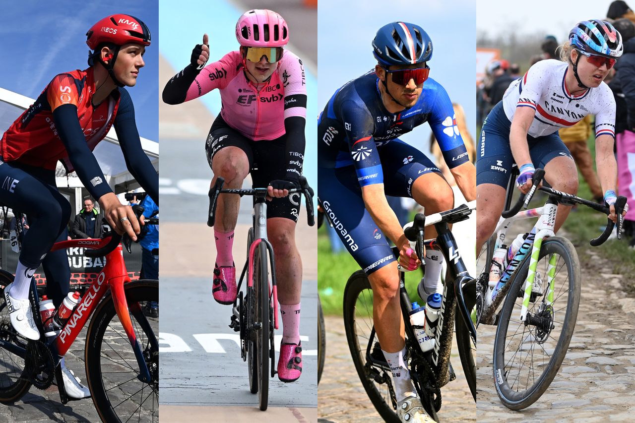 Collage of Josh Tarling, Zoe Bäckstedt, Sam Watson and Alice Towers at Paris-Roubaix 2023