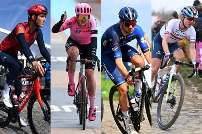 Collage of Josh Tarling, Zoe Bäckstedt, Sam Watson and Alice Towers at Paris-Roubaix 2023