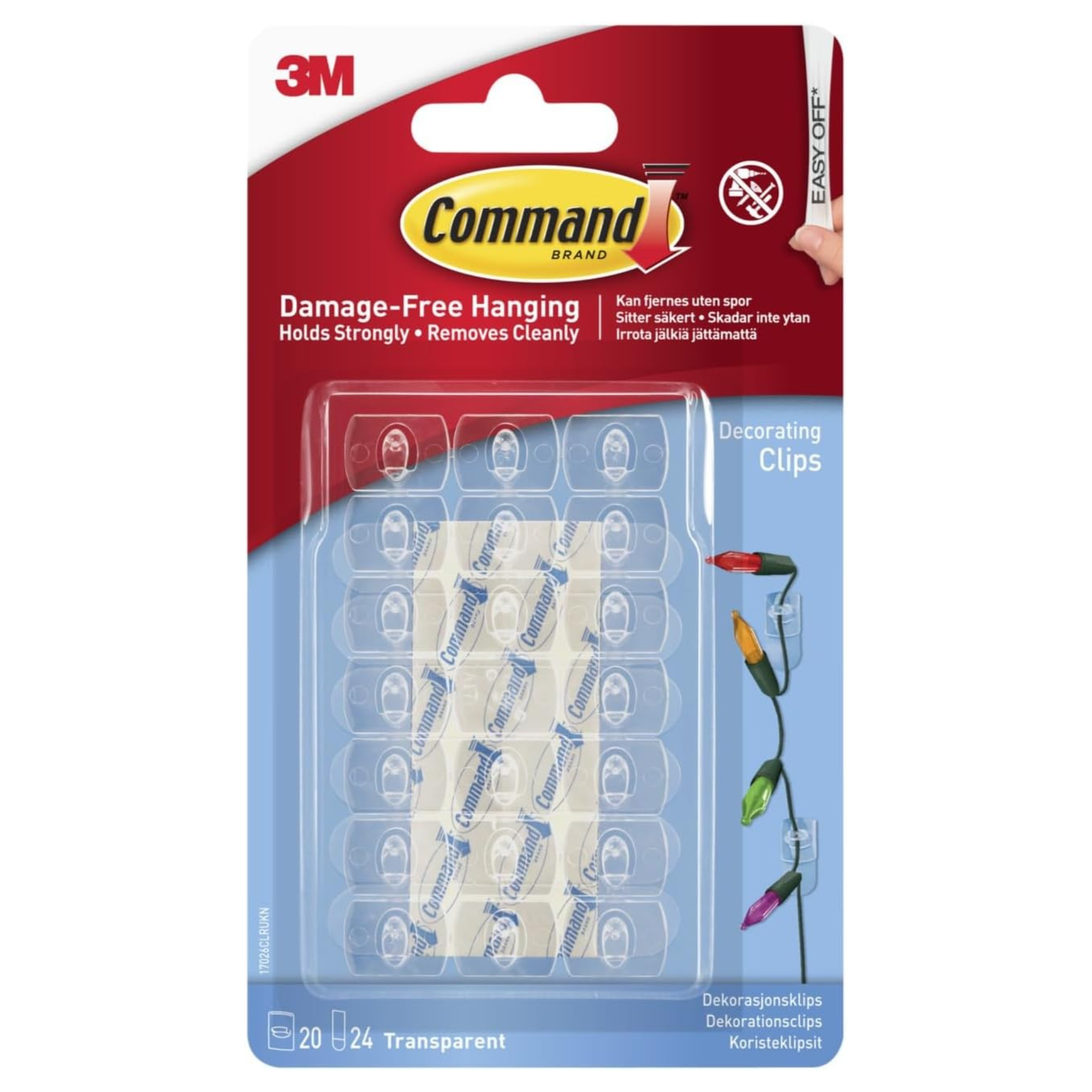 Command Clips for Hanging Christmas Decorations and Fairy Lights, Pack of 20 Transparent Mini Hooks and 24 Small Adhesive Strips - Damage Free Hanging