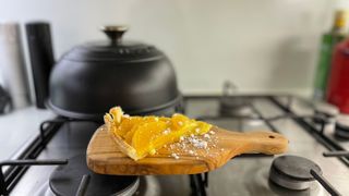 A slice of tart made in the Le Creuset Cast Iron Bread Oven