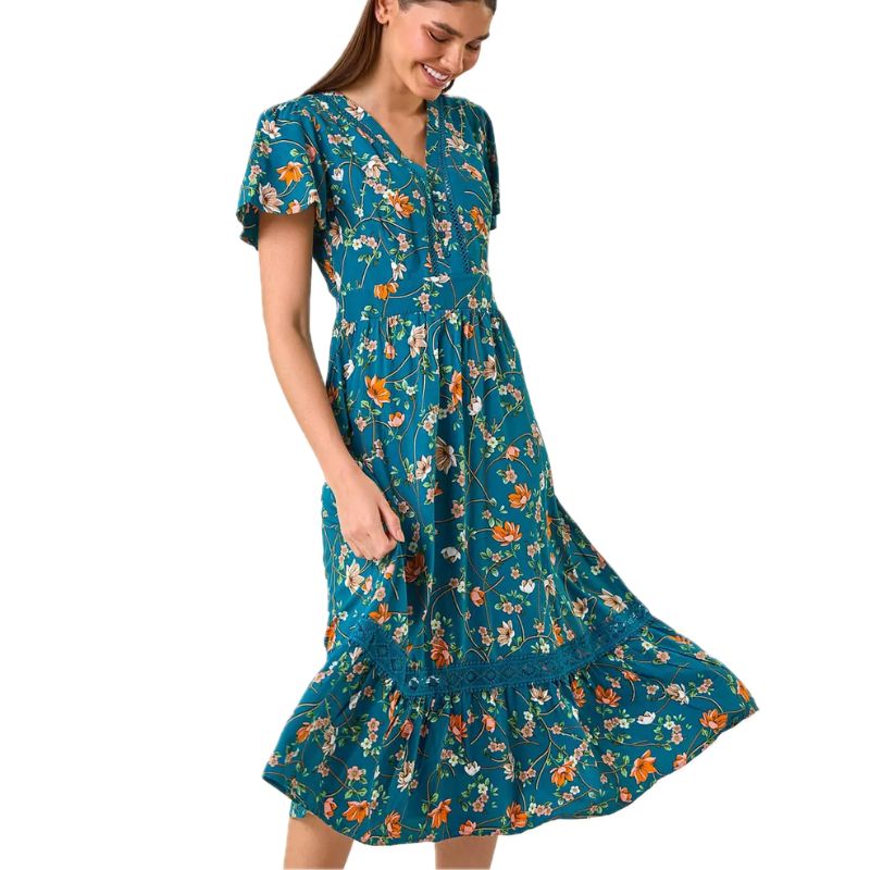 Roman, Floral Lace Trim Midi Dress