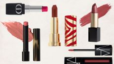 a selection of long lasting lipsticks by sisley, victoria beckham beauty, code 8, dior and nars with swatches of lipstick on a beige background