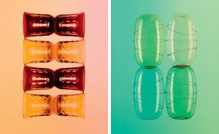 To the left, we see goblets in deep red and orange on a gradient orange-pink background. To the right, we see tumblers in various shades of green and blue, on a gradient blue-green background.