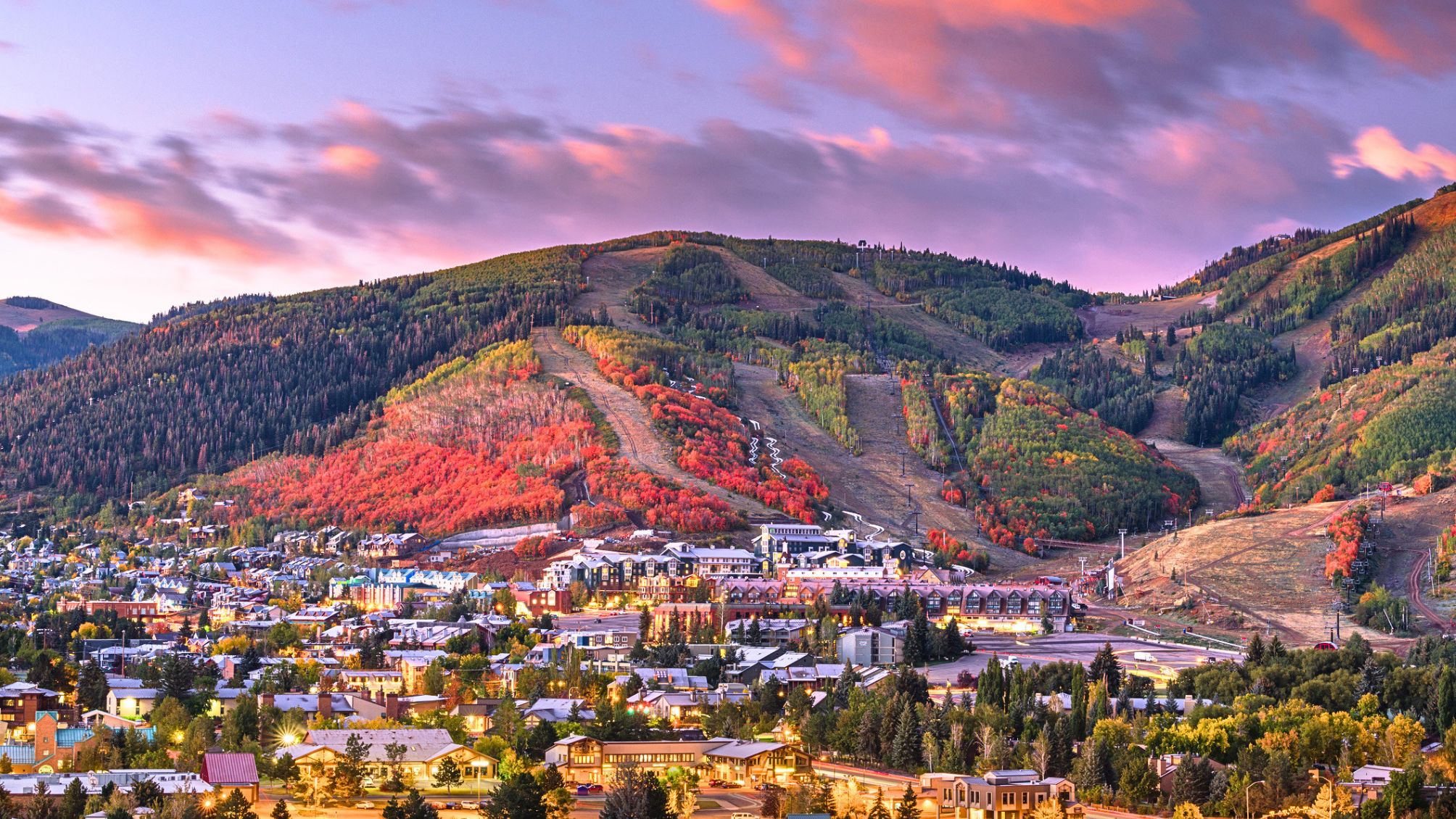 Park City, Utah, USA downtown in autumn at dusk.