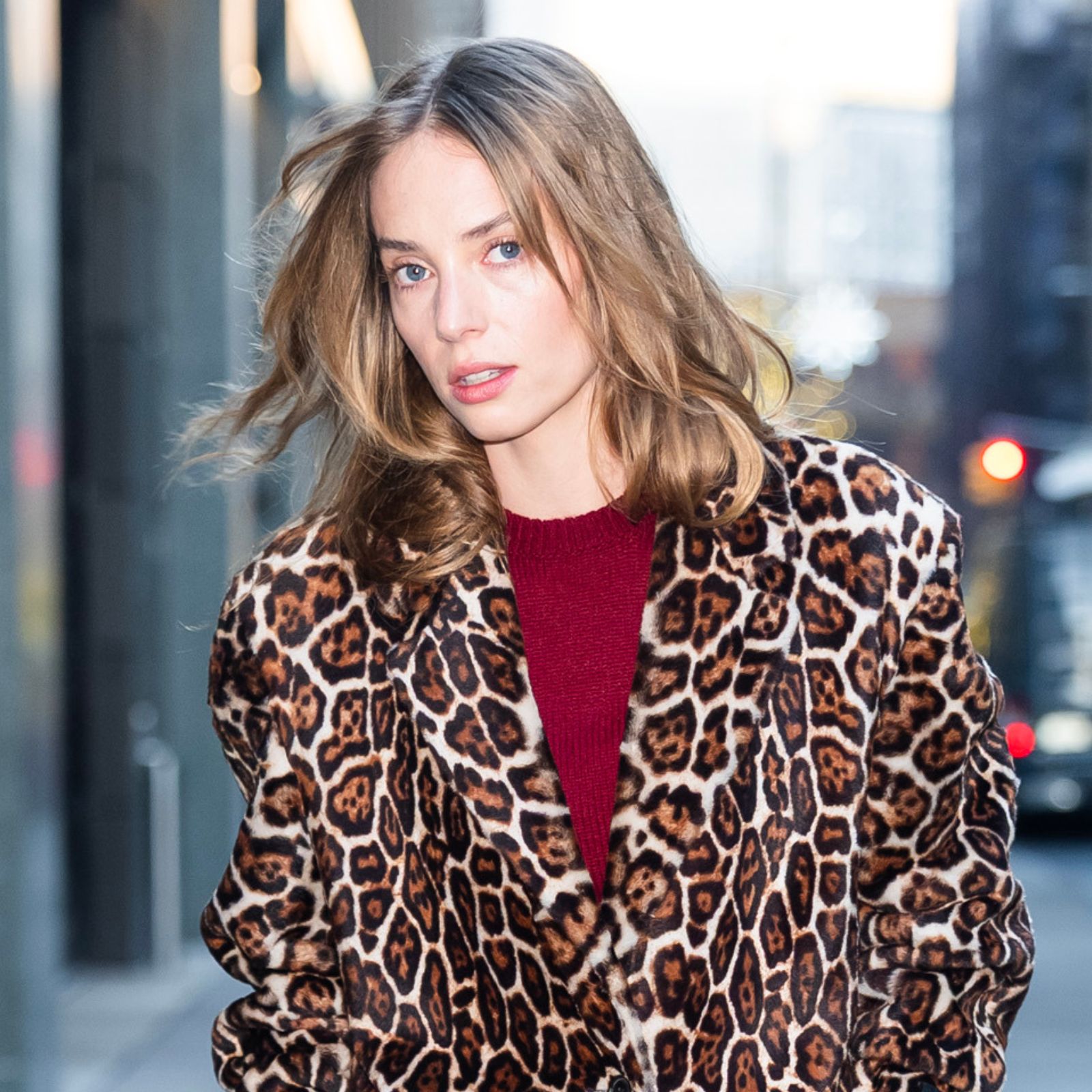 Maya Hawke wears a leopard coat in NYC