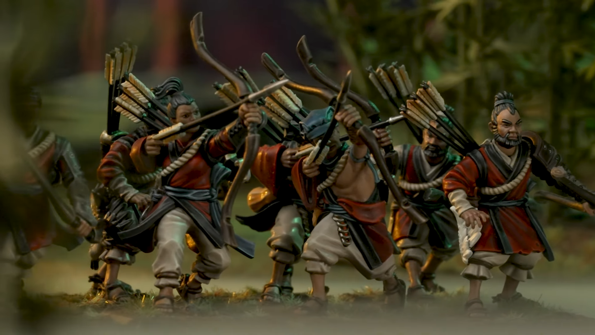 Grand Cathay militia prepare to fire bows on a misty battlefield