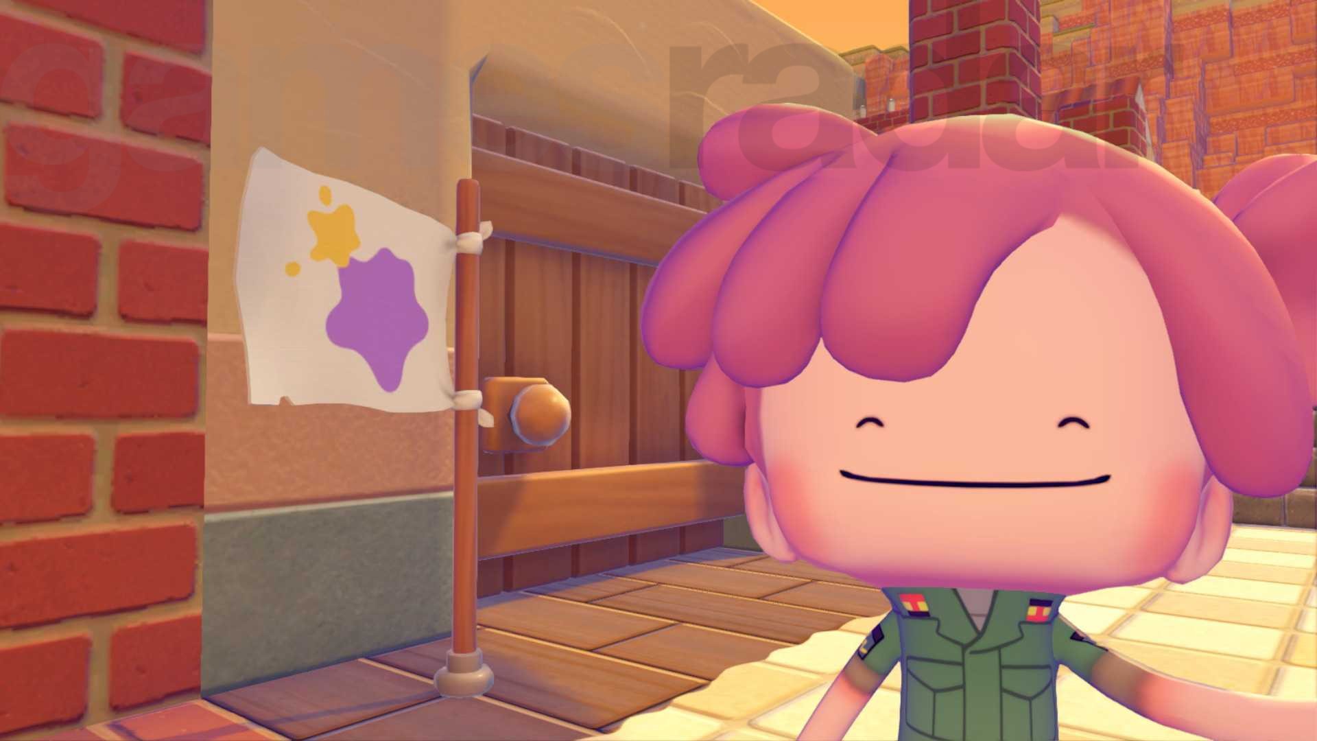 A Ditto stands and smiles outside its home, which helps raise the town's Pokopia environment level.