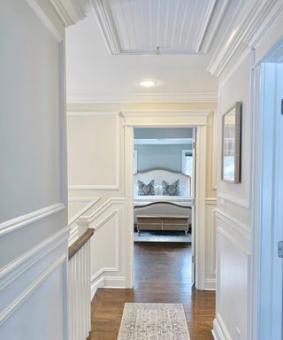 Beadboard ceiling pull down attic door white house