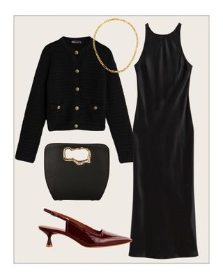 M&S Textured Jacket, Black slip dress, burgundy heels, Mashu handbag