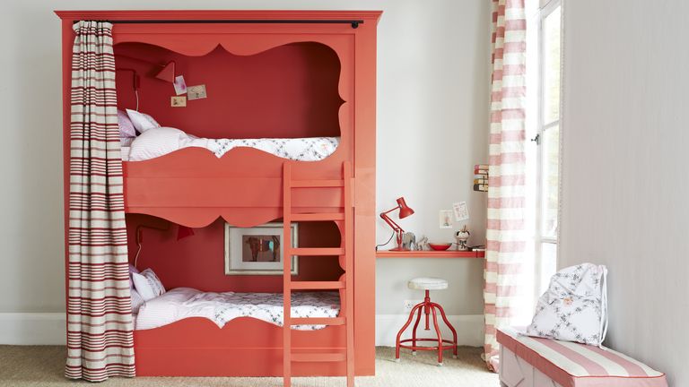 Kids' room paint ideas with white walls, cadmium red painted bunk bed and red furnishings