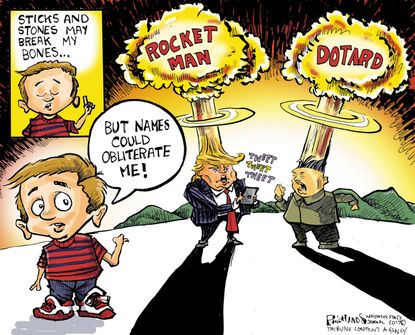 Political cartoon U.S. Trump Kim Jong-Un nuclear war Twitter