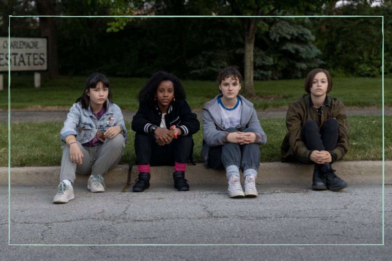 Riley Lai Nelet as Erin Tieng, Camryn Jones as Tiffany Quilkin, Fina Strazza as KJ Brandman, and Sofia Rosinsky as Mac Cole in Prime Video&#039;s Paper Girls 