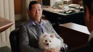 John Hadary holding a dog while on the witness stand in court in Intolerable Cruelty