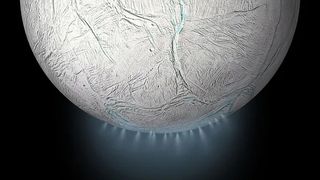 An illustration shows icy plumes blasting out from Saturn’s moon Enceladus.