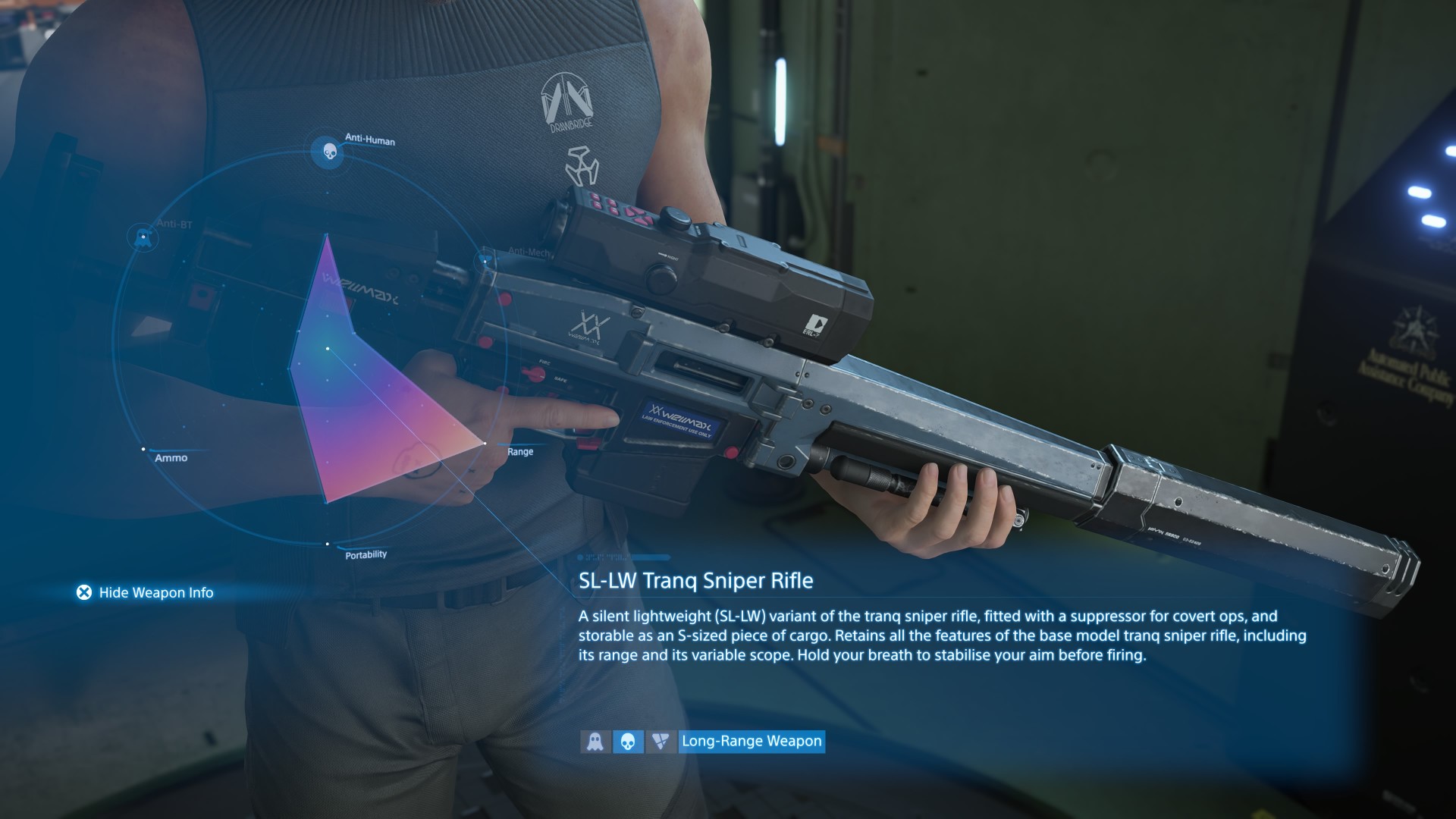 The silenced sniper rifle with tranquilizer rounds, one of the best weapons for fighting human enemies in Death Stranding 2