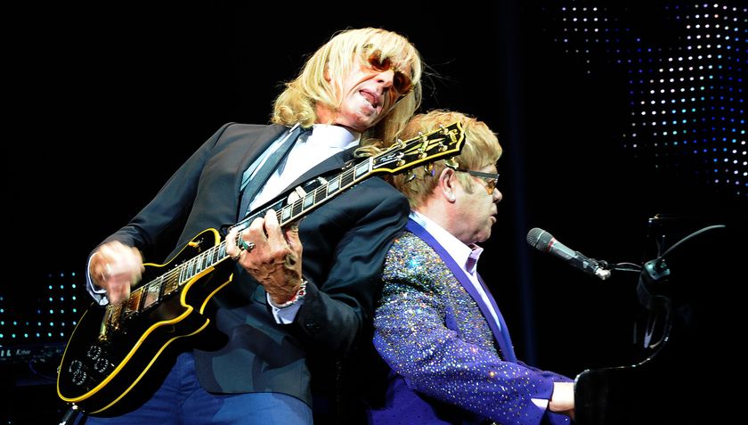 Davey Johnstone (left) and Elton John perform at the Ondrej Nepela Arena in Bratislava, Slovakia on July 10, 2012