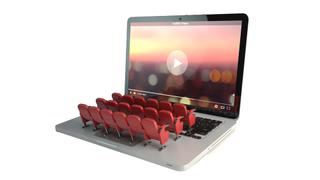 Video player app or home cinema concept. Laptop and rows of cinema seats, 3d illustration