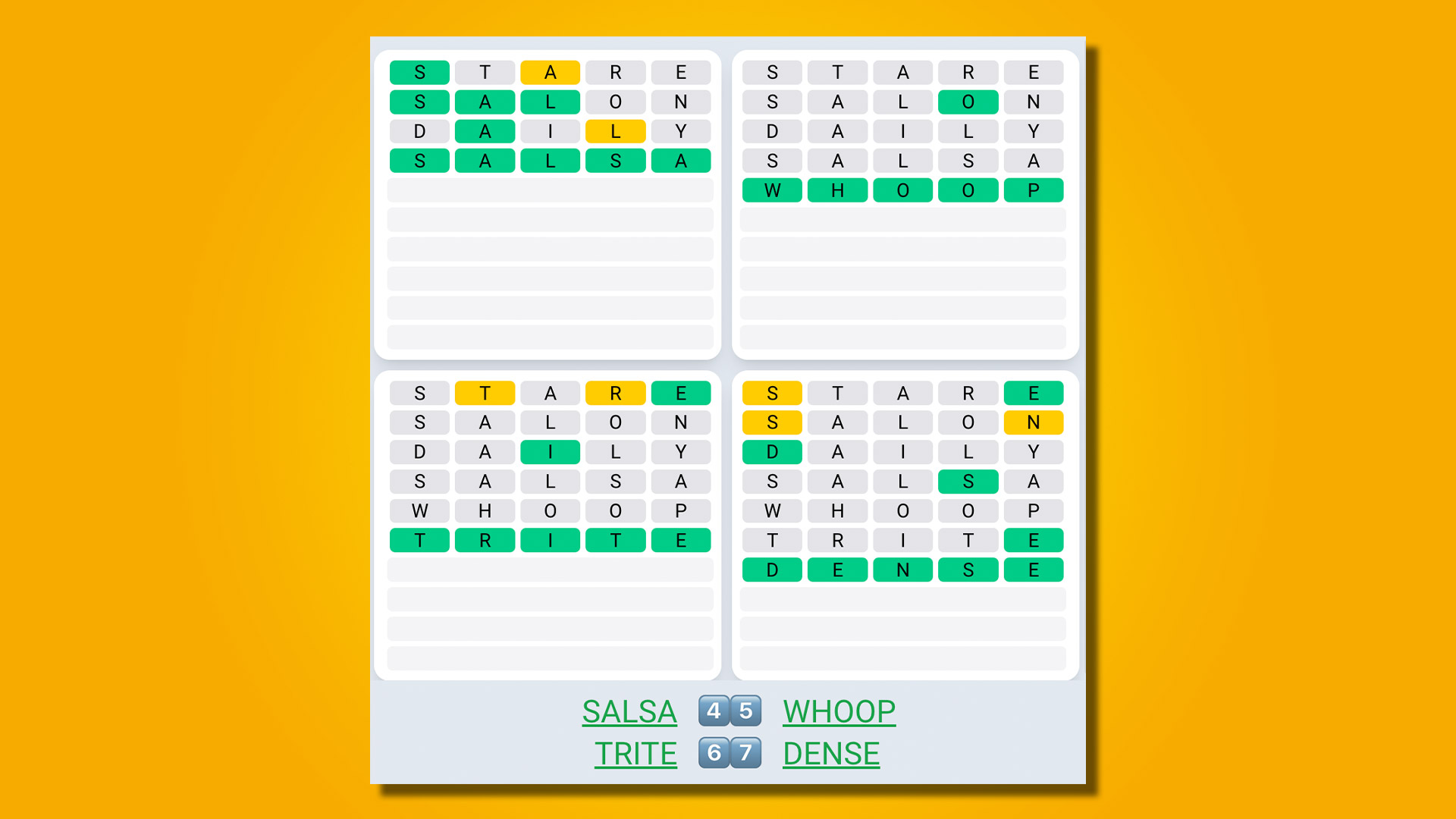 Quordle Daily Sequence 462 answers on a yellow background