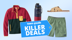 Silos of quarter-zip jacket, watter bottle, sandals, and green swim trunks by L.L. Bean with Killer Deals badge on blue background