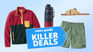 Silos of quarter-zip jacket, watter bottle, sandals, and green swim trunks by L.L. Bean with Killer Deals badge on blue background