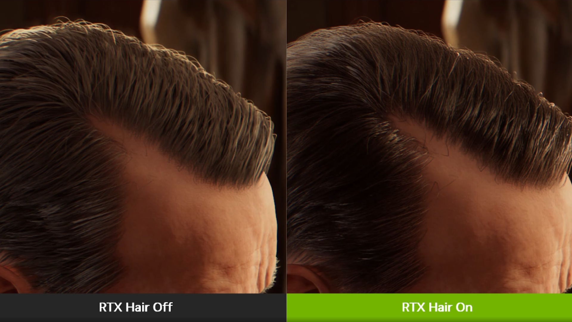 An Nvidia presentation slide showing a character from Indiana Jones and the Great Circle with RTX Hair on and off