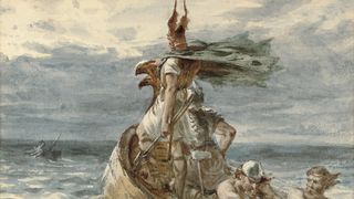 a painting of vikings at sea