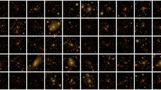 A collage of images of different galaxies over dark backgrounds