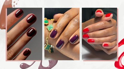 A collage of short autumn nails: on the left is a close-up of a hand with dark maroon nails by nail artist and digital content creator, Mateja Novakovic/@matejanova. In the middle is a close-up of someone's wrist (which features gold and green jewellery) and hand, with a dark plum manicure, created by nail artist Julia Diogo/@paintedbyjools, and finally, on the right is another hand with bright red nails, also by Julia Diogo. All featured in a white template with autumnal nail colour spills.
