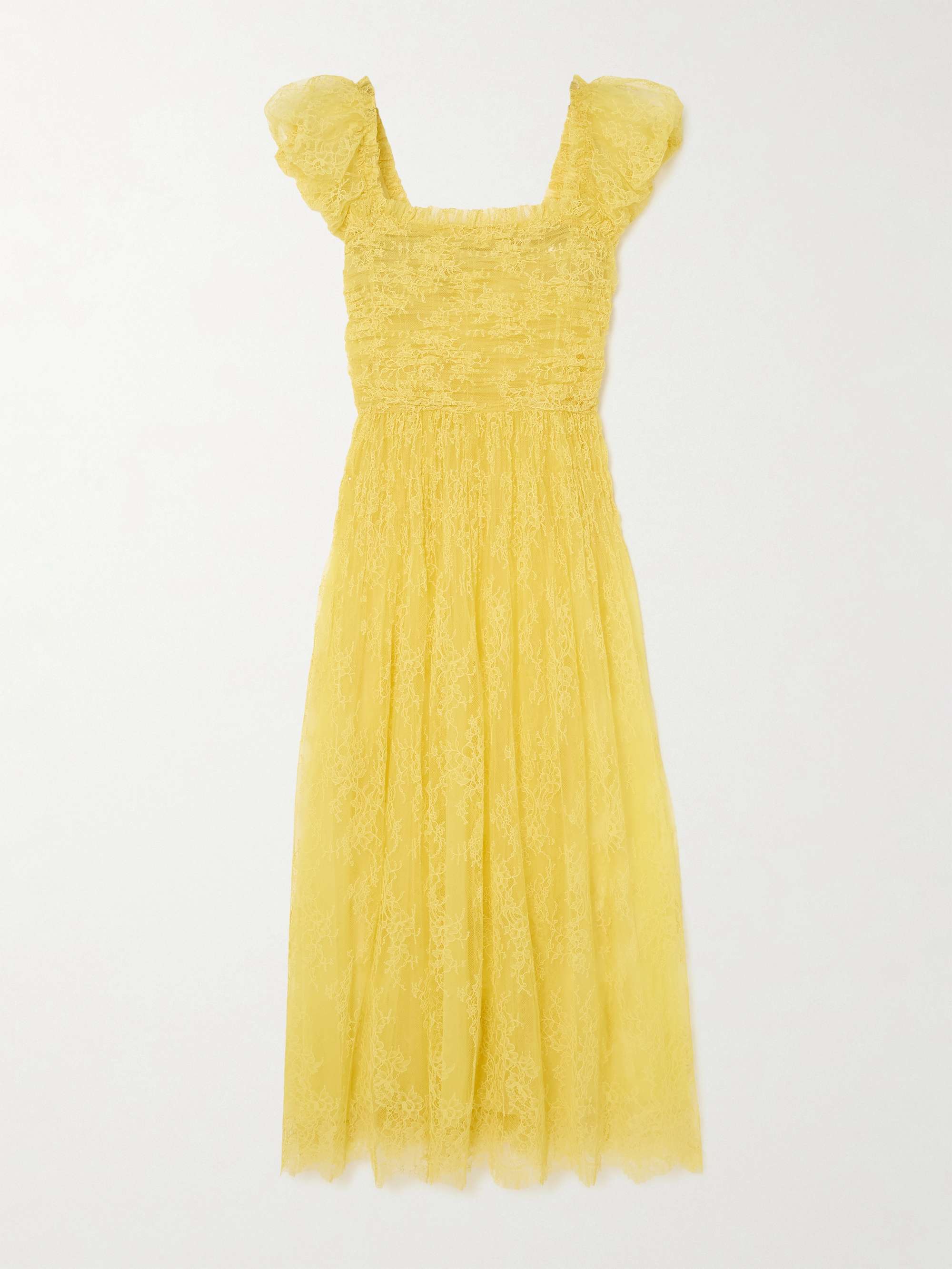 Pamelina Ruffled Shirred Lace Midi Dress