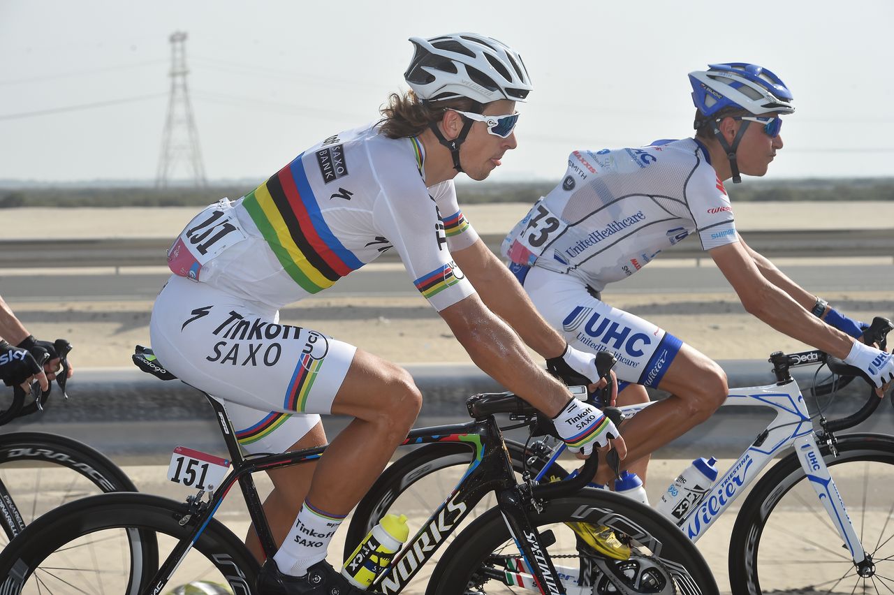 Peter Sagan racing in the rainbow jersey