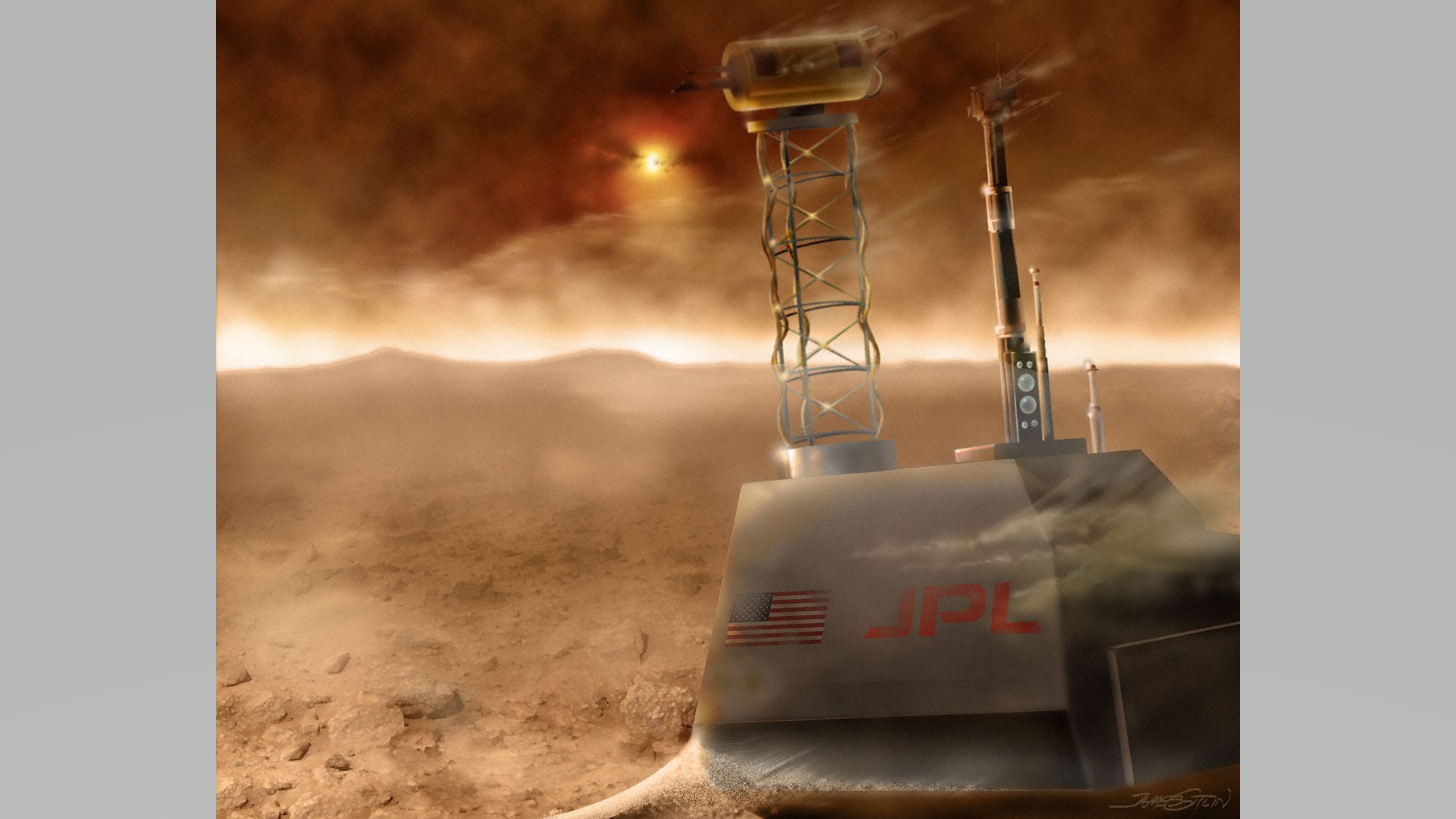 JPL-branded equipment in a haze of dust